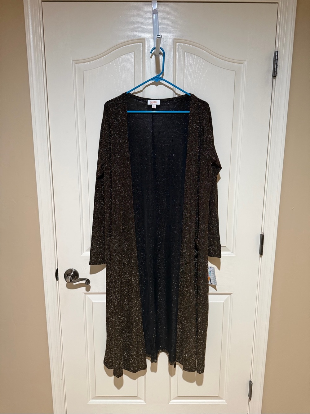 LuLaRoe Sarah Long Open-Front Dress Cardigan in Black with Gold